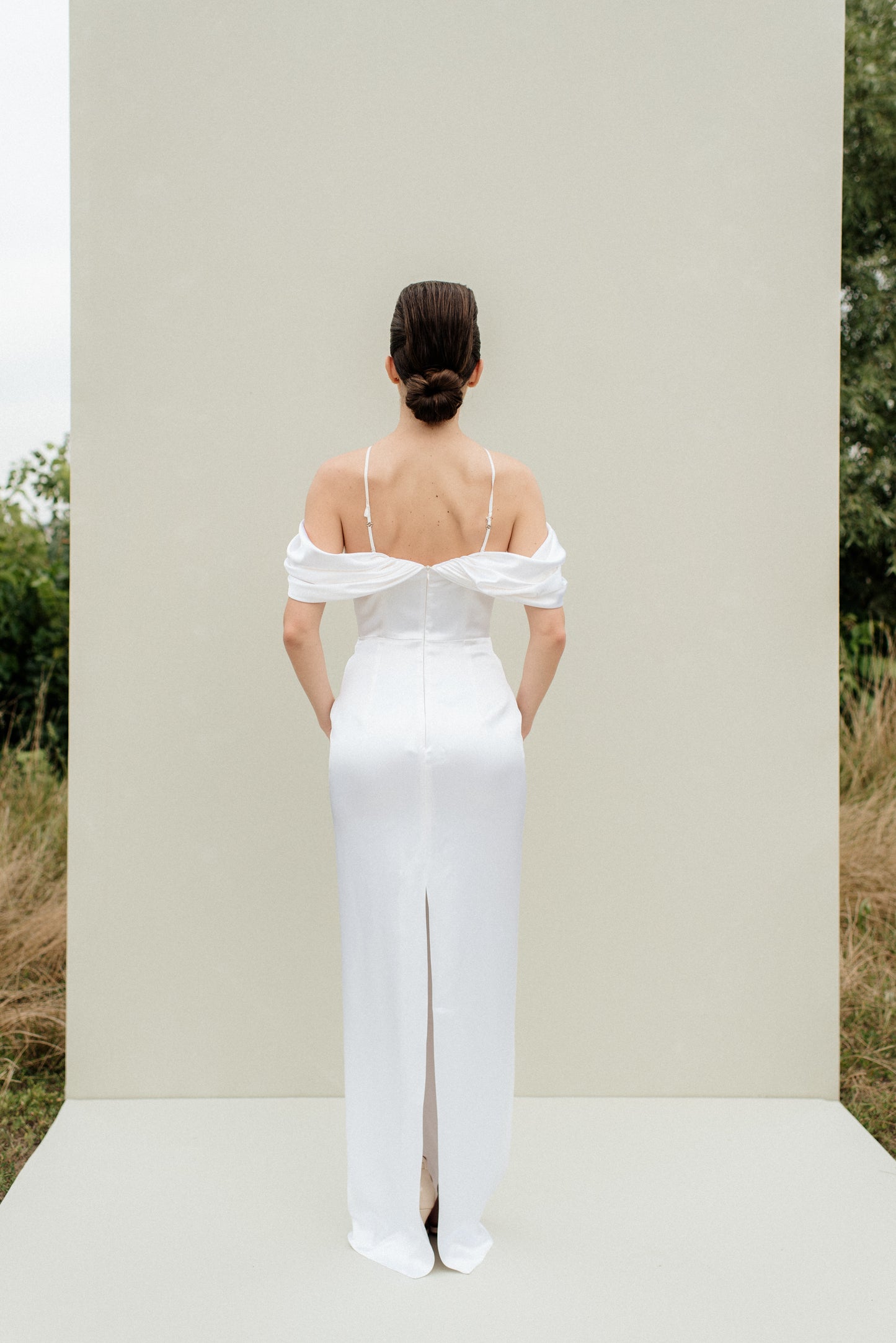 Draped Detail Ivory Satin Gown